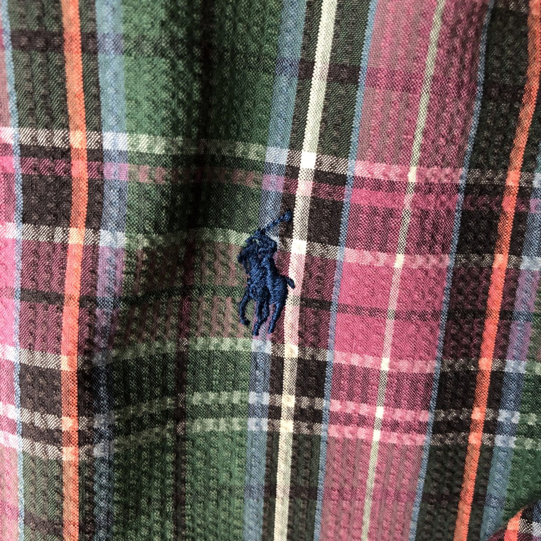 Ralph Lauren Seersucker Long Sleeve Button-Down Check Shirt, Men's Size Medium cotton Red type red-purple Vintage Second Hand