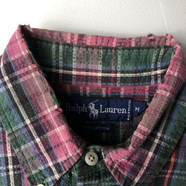 Ralph Lauren Seersucker Long Sleeve Button-Down Check Shirt, Men's Size Medium cotton Red type red-purple Vintage Second Hand