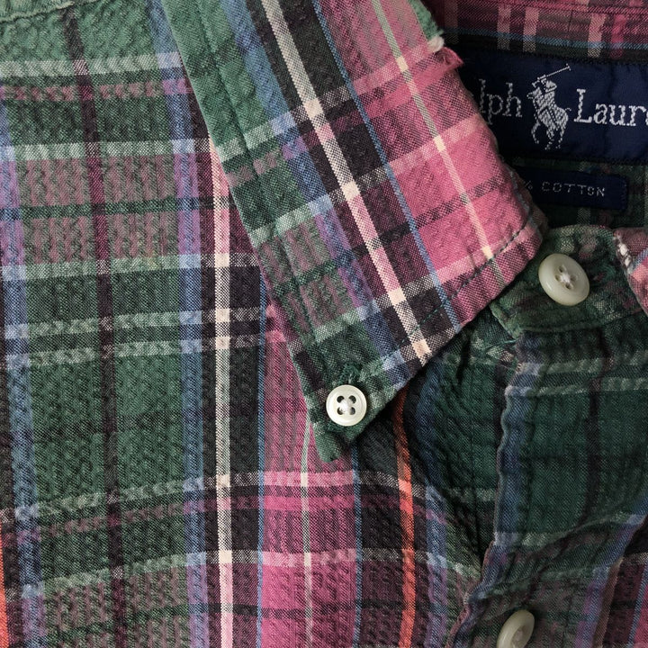Ralph Lauren Seersucker Long Sleeve Button-Down Check Shirt, Men's Size Medium cotton Red type red-purple Vintage Second Hand