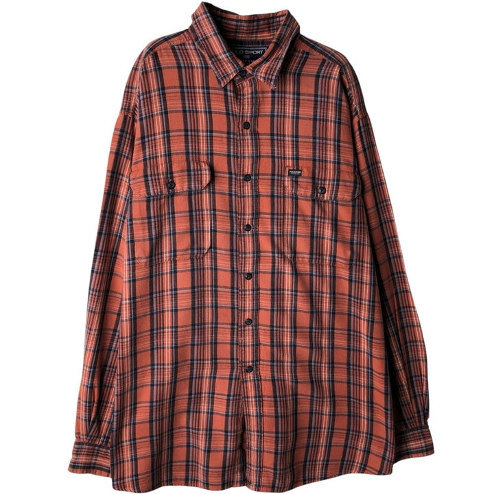 Ralph Lauren POLO SPORT Regular Collar Long Sleeve Light Flannel Check Shirt, Men's Size XL (approx.) cotton brown type Vintage Second Hand
