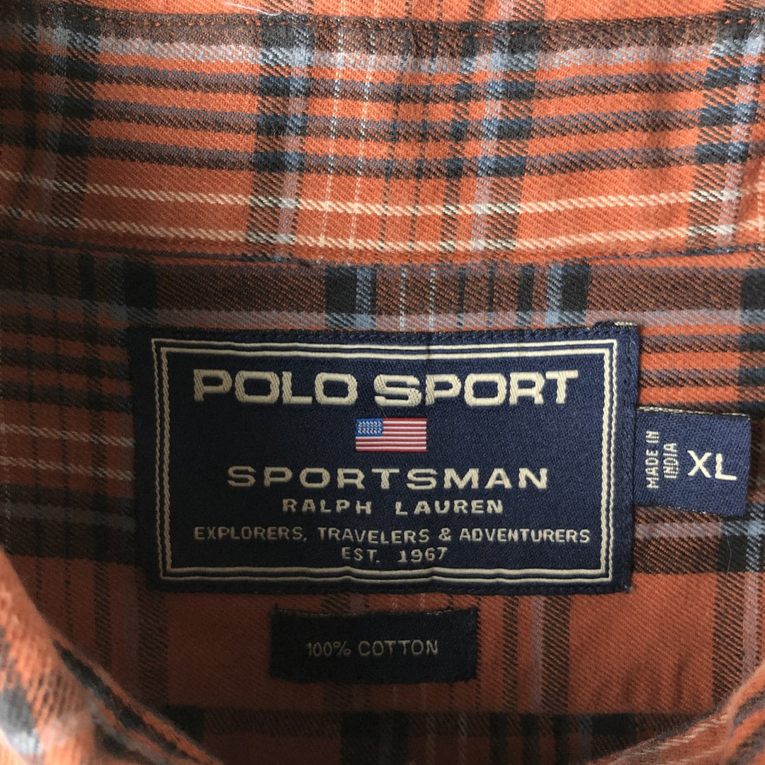 Ralph Lauren POLO SPORT Regular Collar Long Sleeve Light Flannel Check Shirt, Men's Size XL (approx.) cotton brown type Vintage Second Hand