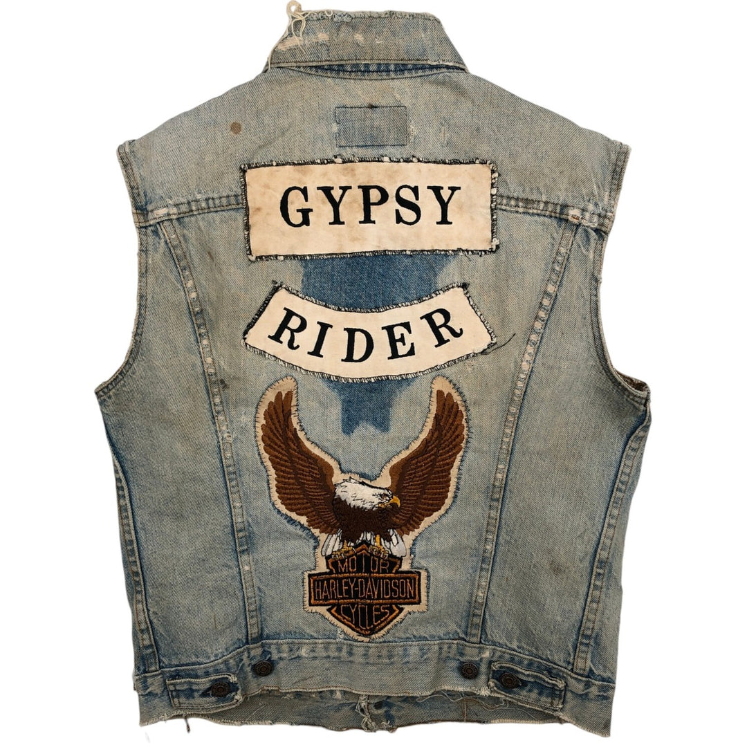 Levi's 70506-0213 Eagle Pattern Cut-Off Harley-Davidson Denim Vest, Made in USA, Men's Size M (Equivalent), Vintage cotton blue type Vintage Second Hand