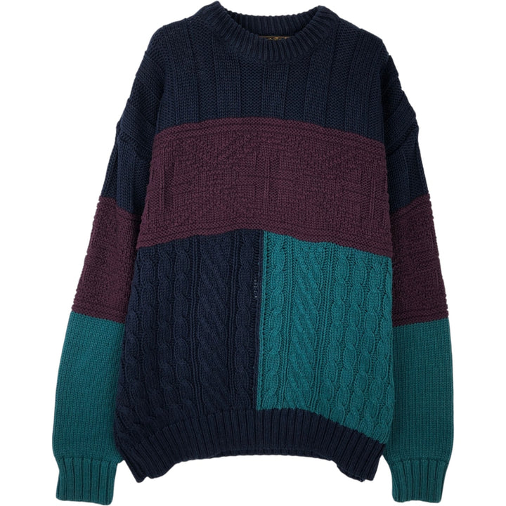 Vintage 90'S Eddie Bauer cable knit and ribbed cotton knit sweater with black tag, made in the USA, size L, men's. cotton navy blue type Vintage Second Hand