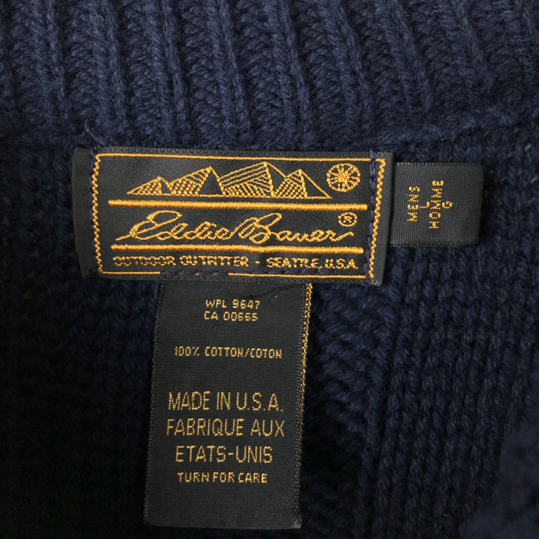 Vintage 90'S Eddie Bauer cable knit and ribbed cotton knit sweater with black tag, made in the USA, size L, men's. cotton navy blue type Vintage Second Hand