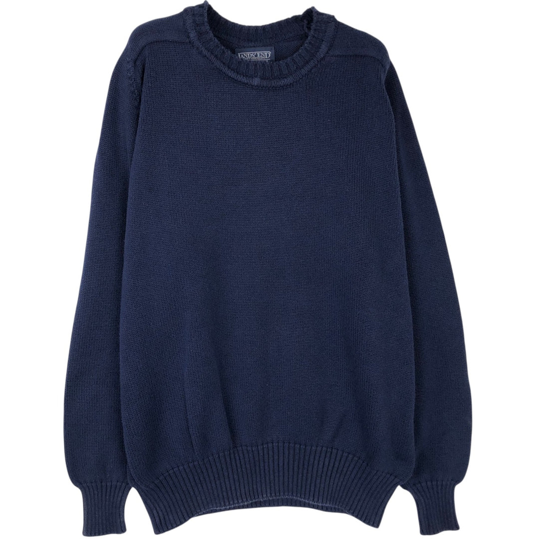 1990'S Lands' End Cotton Knit Sweater, Made in USA, Men's Size L (approx.), Vintage cotton navy blue type Vintage Second Hand