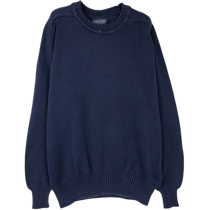 1990'S Lands' End Cotton Knit Sweater, Made in USA, Men's Size L (approx.), Vintage cotton navy blue type Vintage Second Hand