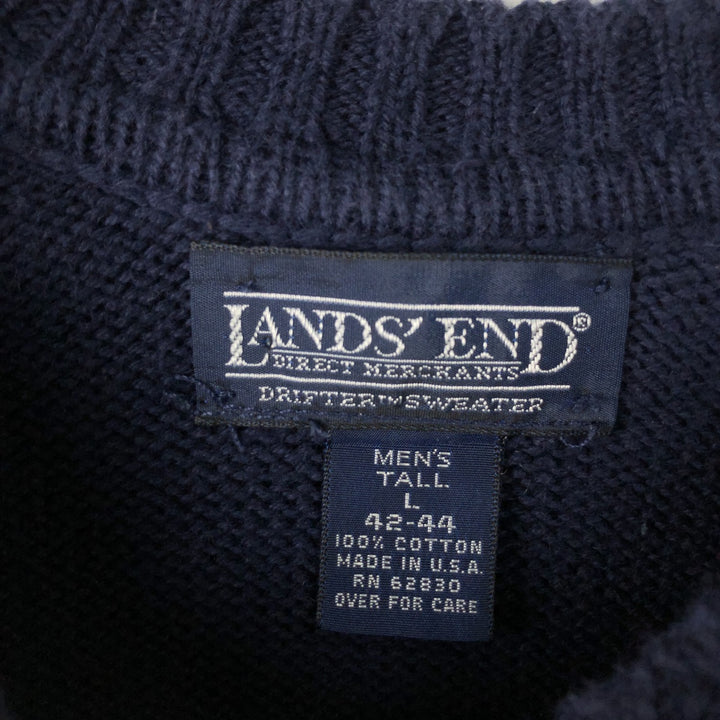 1990'S Lands' End Cotton Knit Sweater, Made in USA, Men's Size L (approx.), Vintage cotton navy blue type Vintage Second Hand