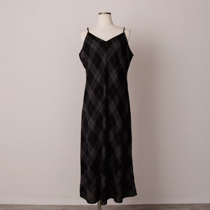 TIME ANG TRU Check Pattern Long Camisole Dress, Women's XL polyester black type Vintage Second Hand