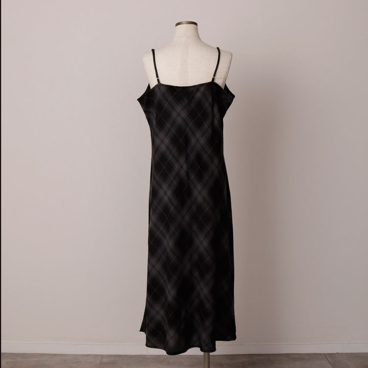 TIME ANG TRU Check Pattern Long Camisole Dress, Women's XL polyester black type Vintage Second Hand