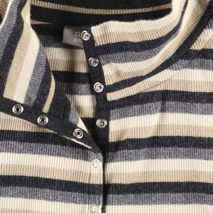 CROFT&BARROW Border Pattern Half Snap Long T-Shirt (Women's Size M) cotton Beige type Vintage Second Hand