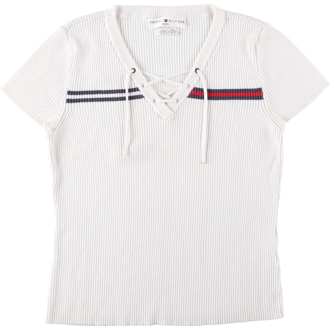 Tommy Hilfiger TOMMY HILFIGER JEANS Rib-knit lace-up V-neck short-sleeve cotton knit sweater, women's size S (approx.) cotton white type Vintage Second Hand