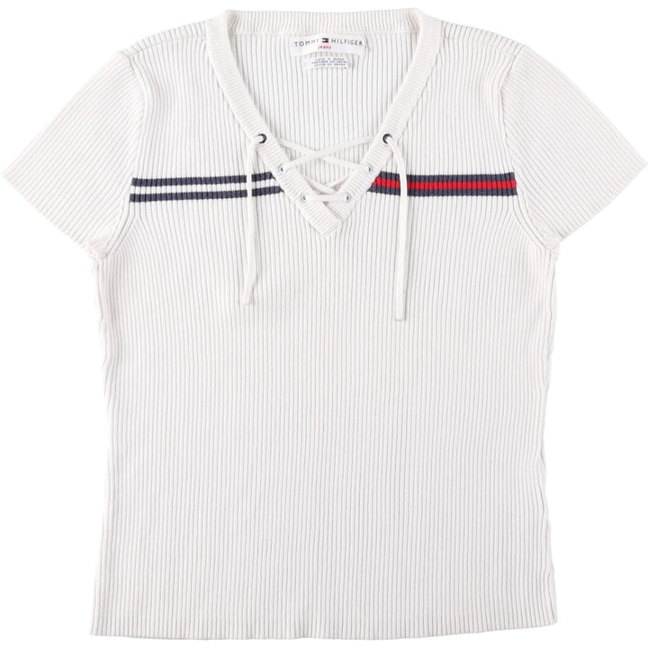 Tommy Hilfiger TOMMY HILFIGER JEANS Rib-knit lace-up V-neck short-sleeve cotton knit sweater, women's size S (approx.) cotton white type Vintage Second Hand