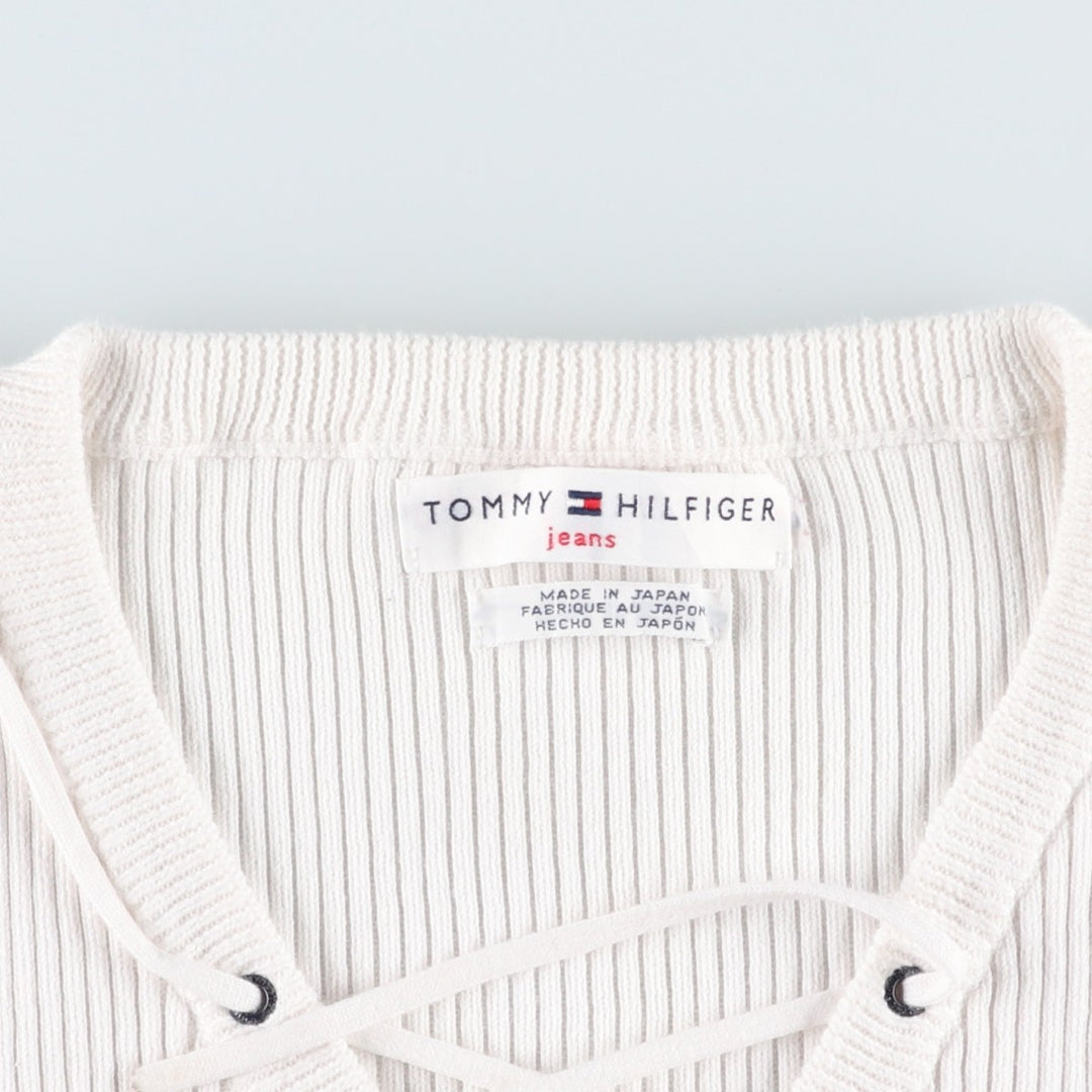 Tommy Hilfiger TOMMY HILFIGER JEANS Rib-knit lace-up V-neck short-sleeve cotton knit sweater, women's size S (approx.) cotton white type Vintage Second Hand