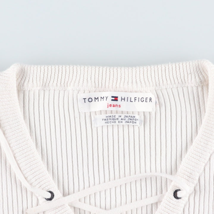 Tommy Hilfiger TOMMY HILFIGER JEANS Rib-knit lace-up V-neck short-sleeve cotton knit sweater, women's size S (approx.) cotton white type Vintage Second Hand