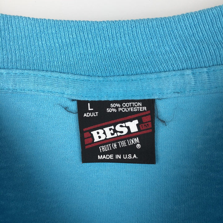Vintage 90'S Fruit of the Loom Fleet Farm advertising T-shirt, Made in USA, Men's Size Large cotton Blue type light blue Vintage Second Hand