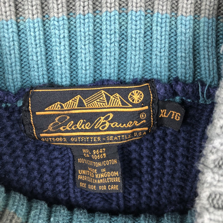 Vintage 90'S Eddie Bauer cable knit high-neck cotton sweater with black tag, made in England, men's size XL cotton navy blue type Vintage Second Hand