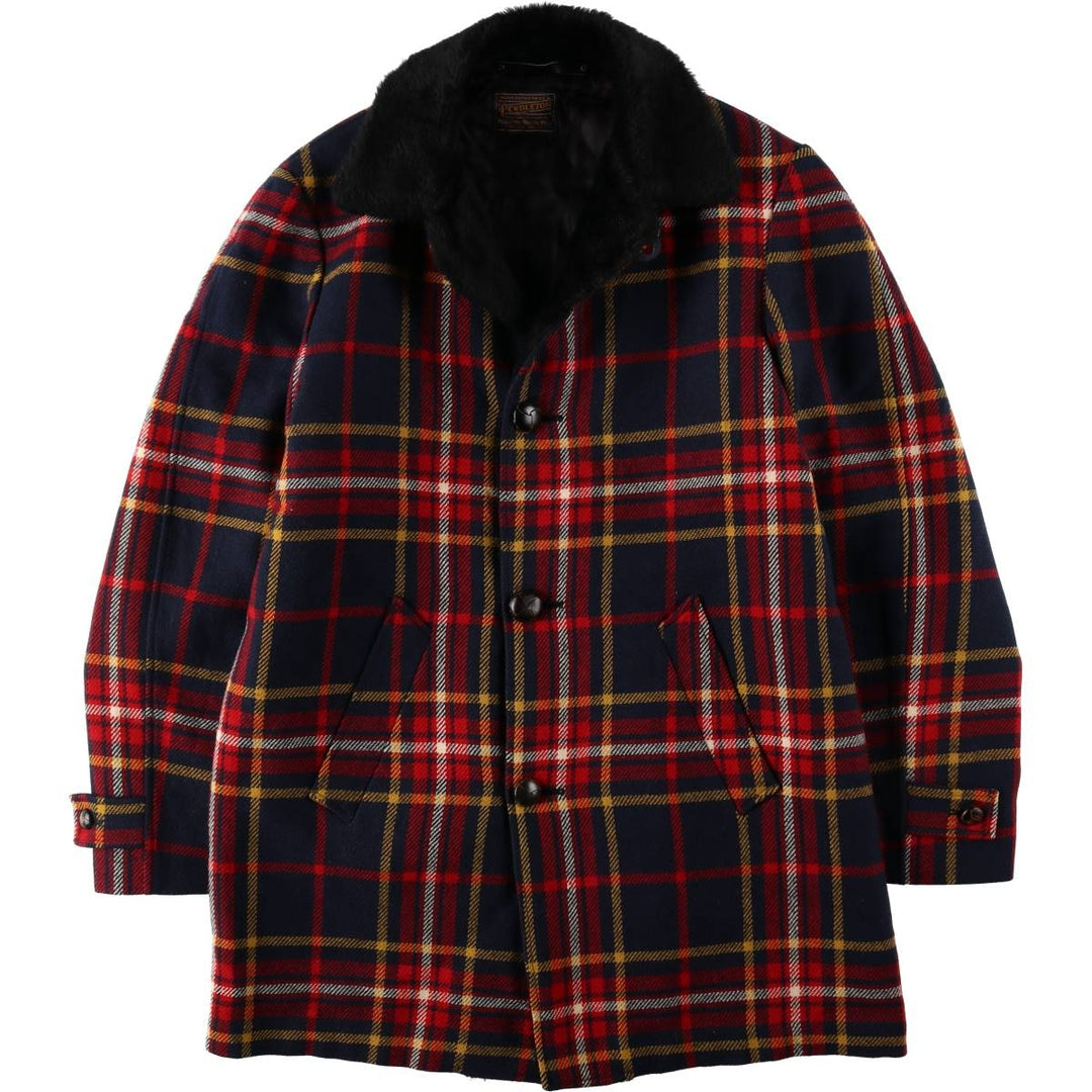 Vintage 1960'S Pendleton Check Pattern Wool Half Coat, Men's Size L wool navy blue type Vintage Second Hand