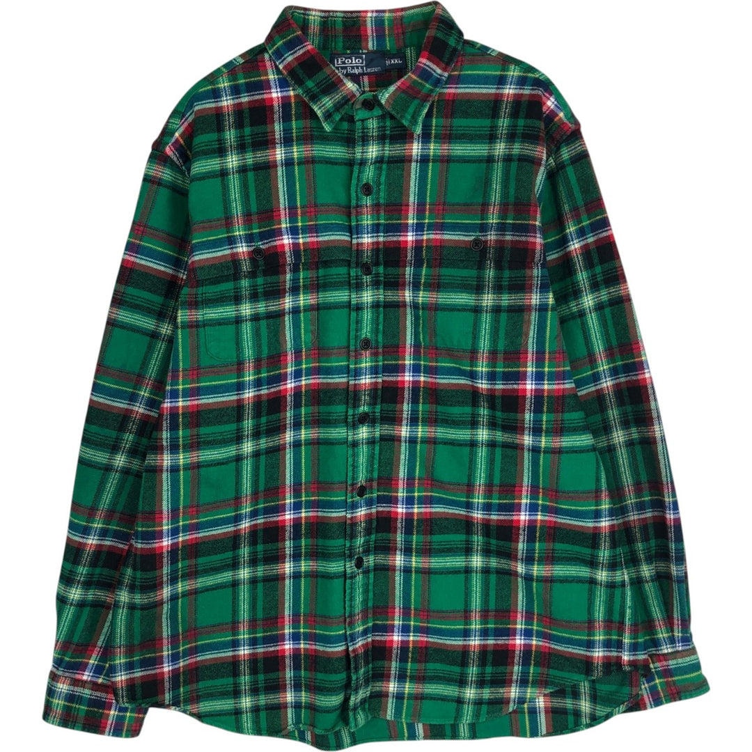 Ralph Lauren POLO by Ralph Lauren Thick Elbow Patch Long Sleeve Light Flannel Check Shirt Men's XXL Equivalent cotton green type Vintage Second Hand