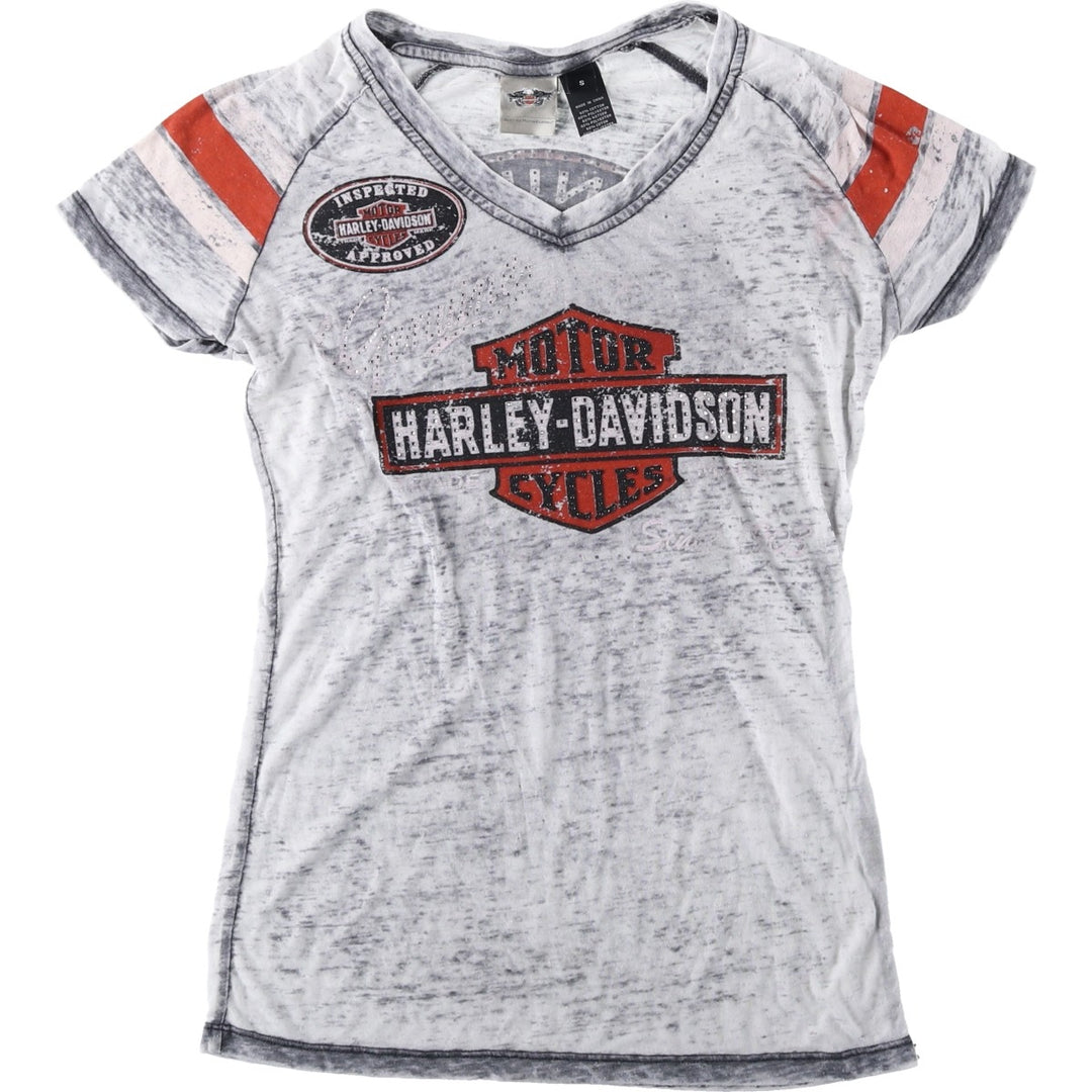 Harley-Davidson V-neck Motorcycle T-shirt with Light Stones, Women's Size S (approx.) cotton gray type Vintage Second Hand