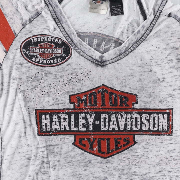Harley-Davidson V-neck Motorcycle T-shirt with Light Stones, Women's Size S (approx.) cotton gray type Vintage Second Hand