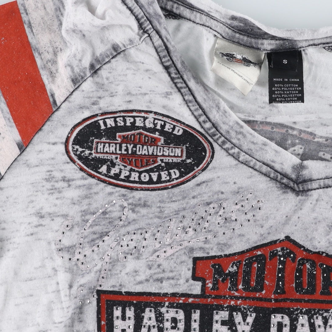 Harley-Davidson V-neck Motorcycle T-shirt with Light Stones, Women's Size S (approx.) cotton gray type Vintage Second Hand