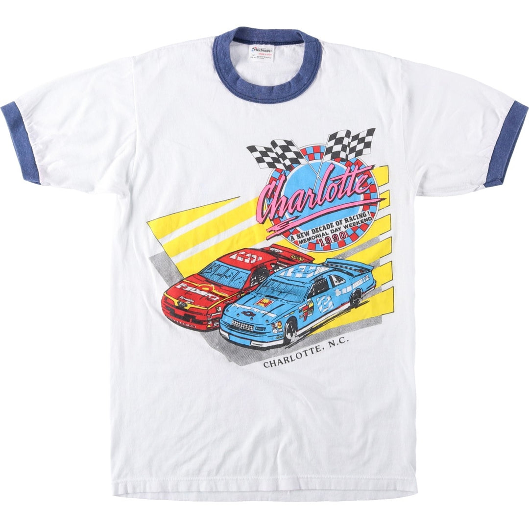 80'S STEDMAN Charlotte Motor Speedway Motorcycle Ringer T-Shirt, Made in USA, Women's Size M (approx.), Vintage polyester white type Vintage Second Hand