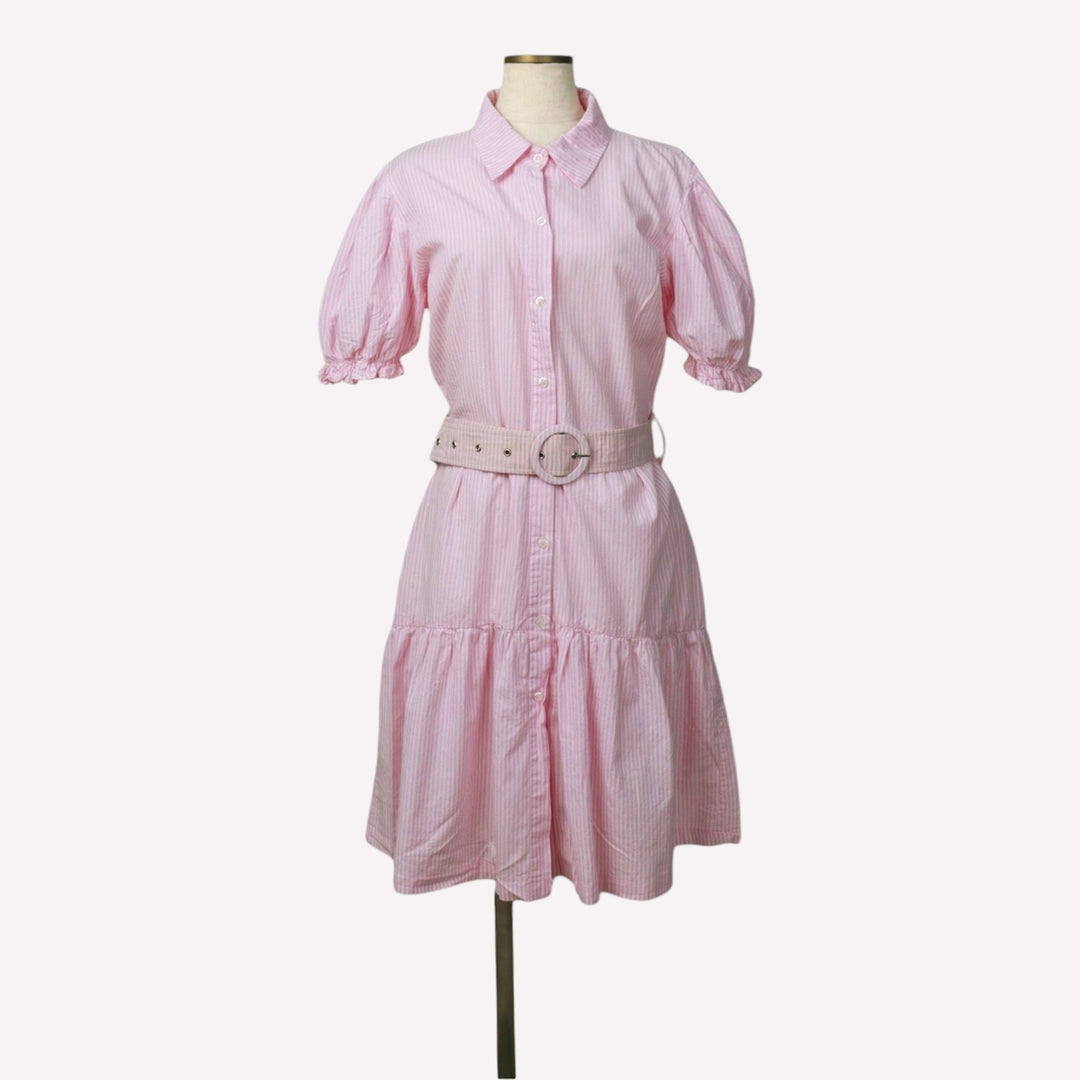 WJ Stripe Pattern Half-Length Front Opening Short-Sleeve Flare Dress, Made in Brazil, Women's Size L (approx.) cotton pink type Vintage Second Hand