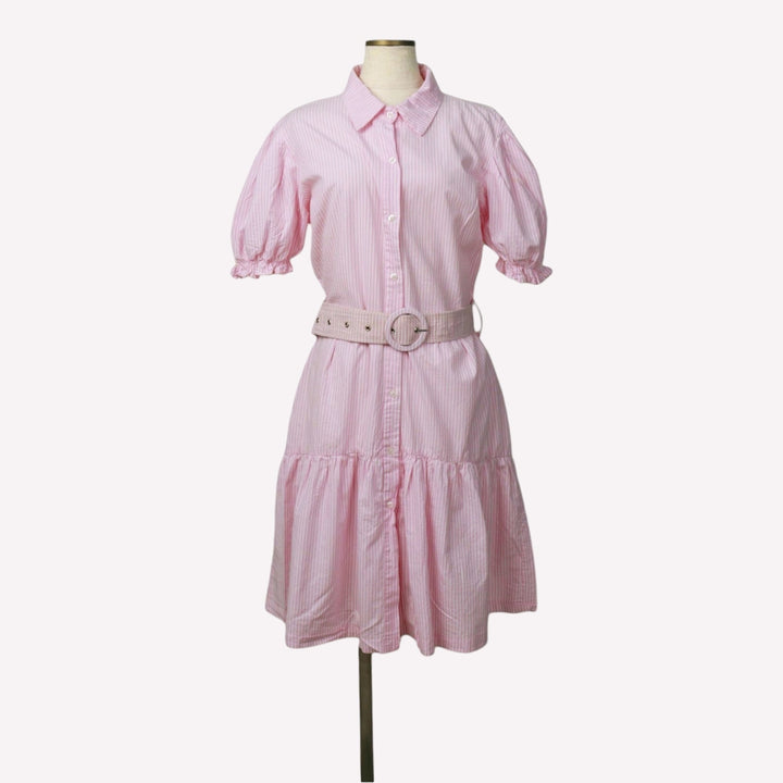 WJ Stripe Pattern Half-Length Front Opening Short-Sleeve Flare Dress, Made in Brazil, Women's Size L (approx.) cotton pink type Vintage Second Hand