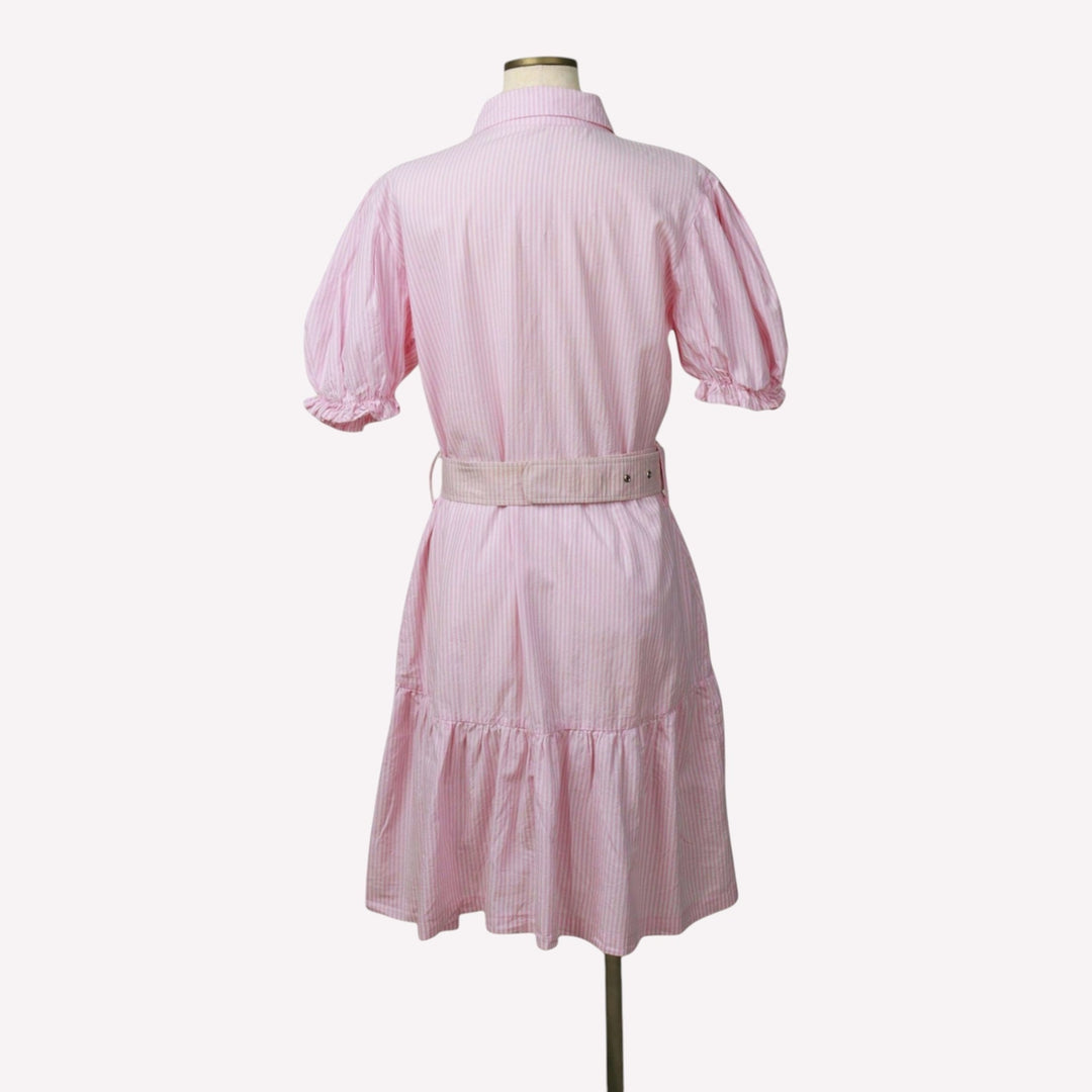 WJ Stripe Pattern Half-Length Front Opening Short-Sleeve Flare Dress, Made in Brazil, Women's Size L (approx.) cotton pink type Vintage Second Hand