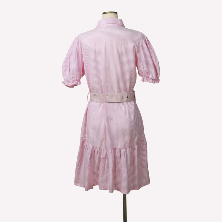 WJ Stripe Pattern Half-Length Front Opening Short-Sleeve Flare Dress, Made in Brazil, Women's Size L (approx.) cotton pink type Vintage Second Hand