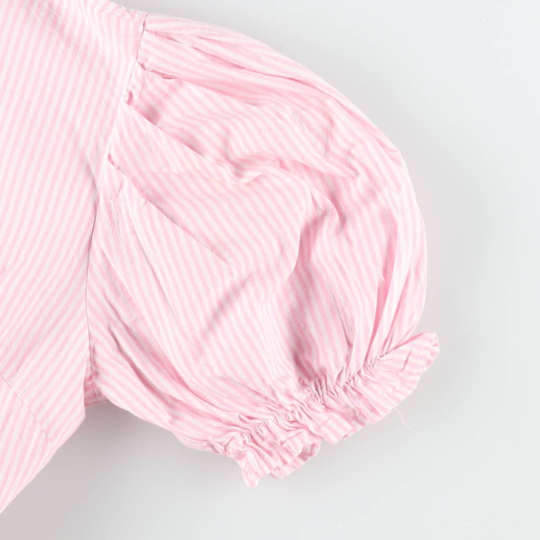 WJ Stripe Pattern Half-Length Front Opening Short-Sleeve Flare Dress, Made in Brazil, Women's Size L (approx.) cotton pink type Vintage Second Hand