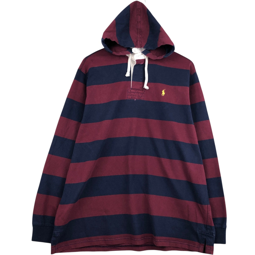 Ralph Lauren POLO by Ralph Lauren Striped Pattern Hooded Long Sleeve Rugby Shirt, Men's Size XL cotton wine-red Vintage Second Hand