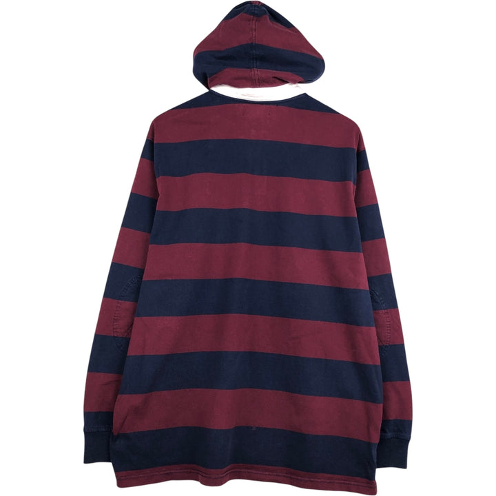 Ralph Lauren POLO by Ralph Lauren Striped Pattern Hooded Long Sleeve Rugby Shirt, Men's Size XL cotton wine-red Vintage Second Hand