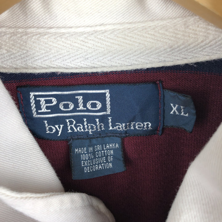 Ralph Lauren POLO by Ralph Lauren Striped Pattern Hooded Long Sleeve Rugby Shirt, Men's Size XL cotton wine-red Vintage Second Hand