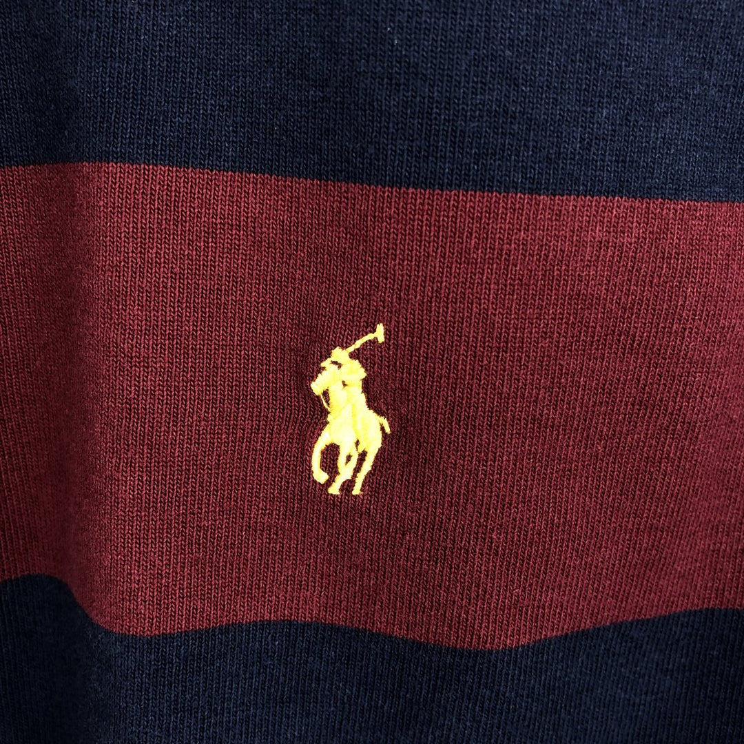 Ralph Lauren POLO by Ralph Lauren Striped Pattern Hooded Long Sleeve Rugby Shirt, Men's Size XL cotton wine-red Vintage Second Hand