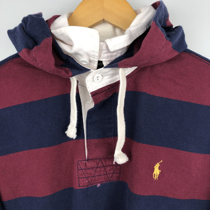 Ralph Lauren POLO by Ralph Lauren Striped Pattern Hooded Long Sleeve Rugby Shirt, Men's Size XL cotton wine-red Vintage Second Hand