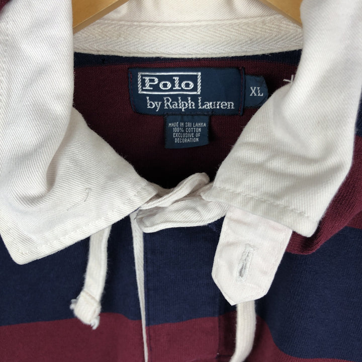 Ralph Lauren POLO by Ralph Lauren Striped Pattern Hooded Long Sleeve Rugby Shirt, Men's Size XL cotton wine-red Vintage Second Hand