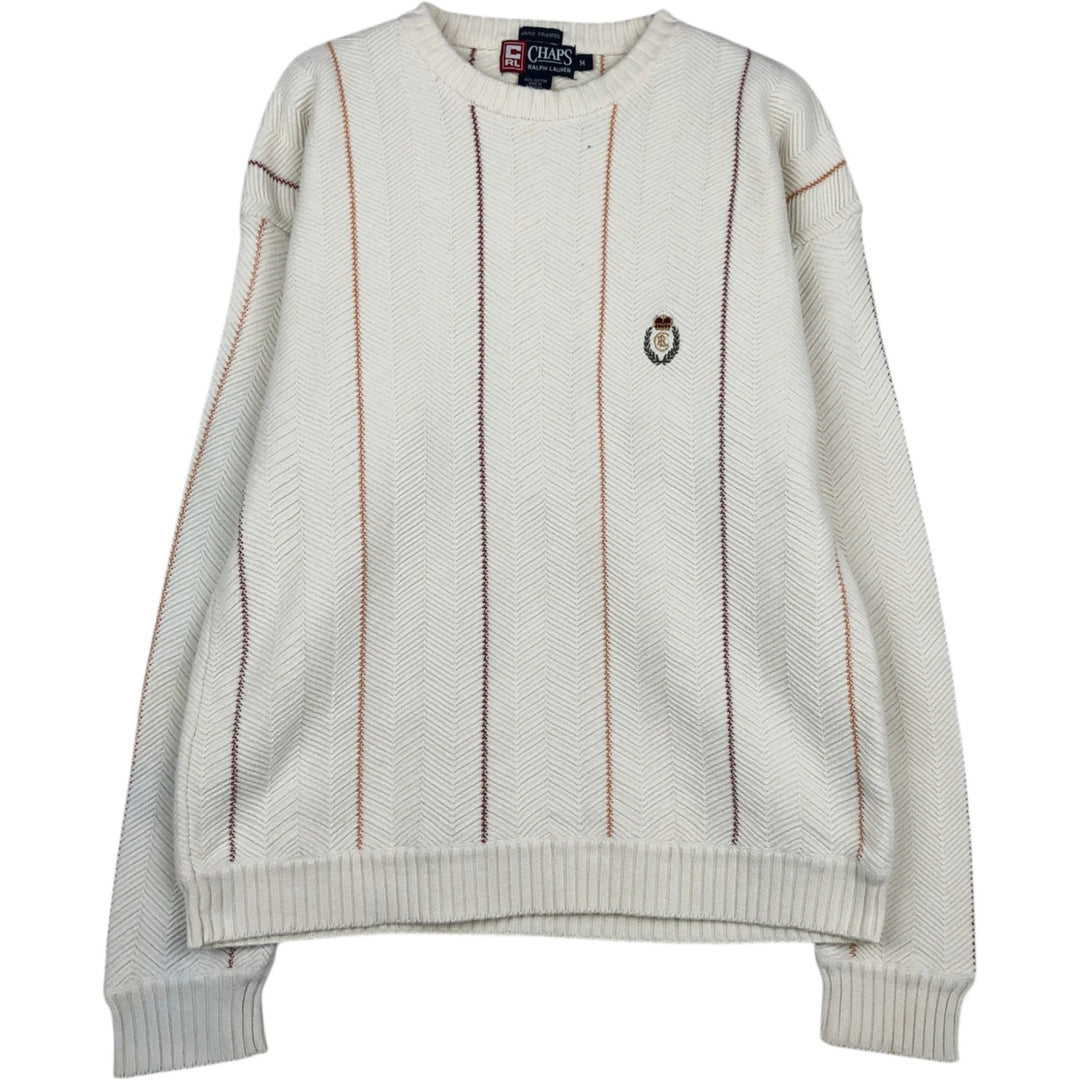 Ralph Lauren Chaps Hand-Framed Striped Herringbone Cotton Knit Sweater, Men's Size Medium cotton ivory Vintage Second Hand