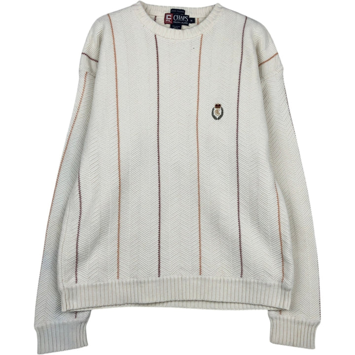 Ralph Lauren Chaps Hand-Framed Striped Herringbone Cotton Knit Sweater, Men's Size Medium cotton ivory Vintage Second Hand