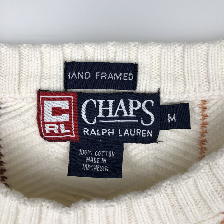 Ralph Lauren Chaps Hand-Framed Striped Herringbone Cotton Knit Sweater, Men's Size Medium cotton ivory Vintage Second Hand