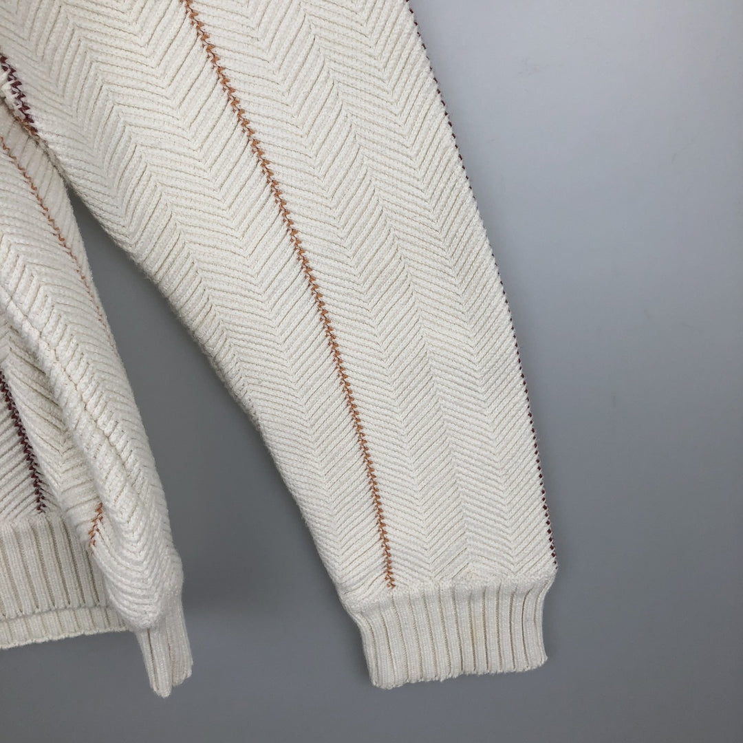 Ralph Lauren Chaps Hand-Framed Striped Herringbone Cotton Knit Sweater, Men's Size Medium cotton ivory Vintage Second Hand