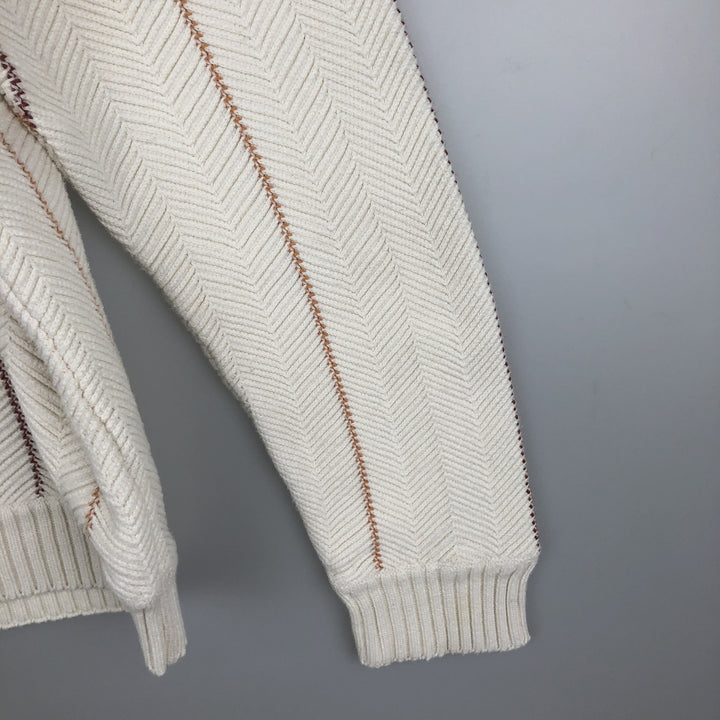 Ralph Lauren Chaps Hand-Framed Striped Herringbone Cotton Knit Sweater, Men's Size Medium cotton ivory Vintage Second Hand