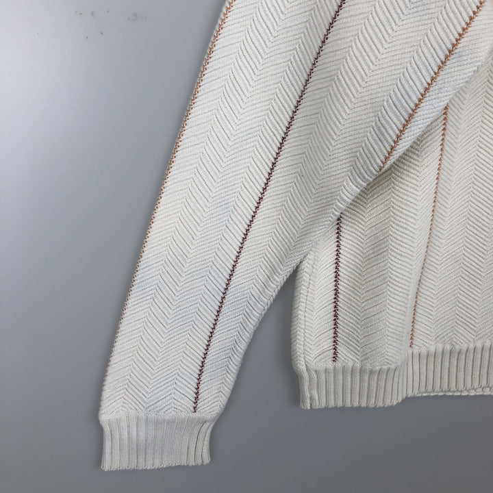 Ralph Lauren Chaps Hand-Framed Striped Herringbone Cotton Knit Sweater, Men's Size Medium cotton ivory Vintage Second Hand