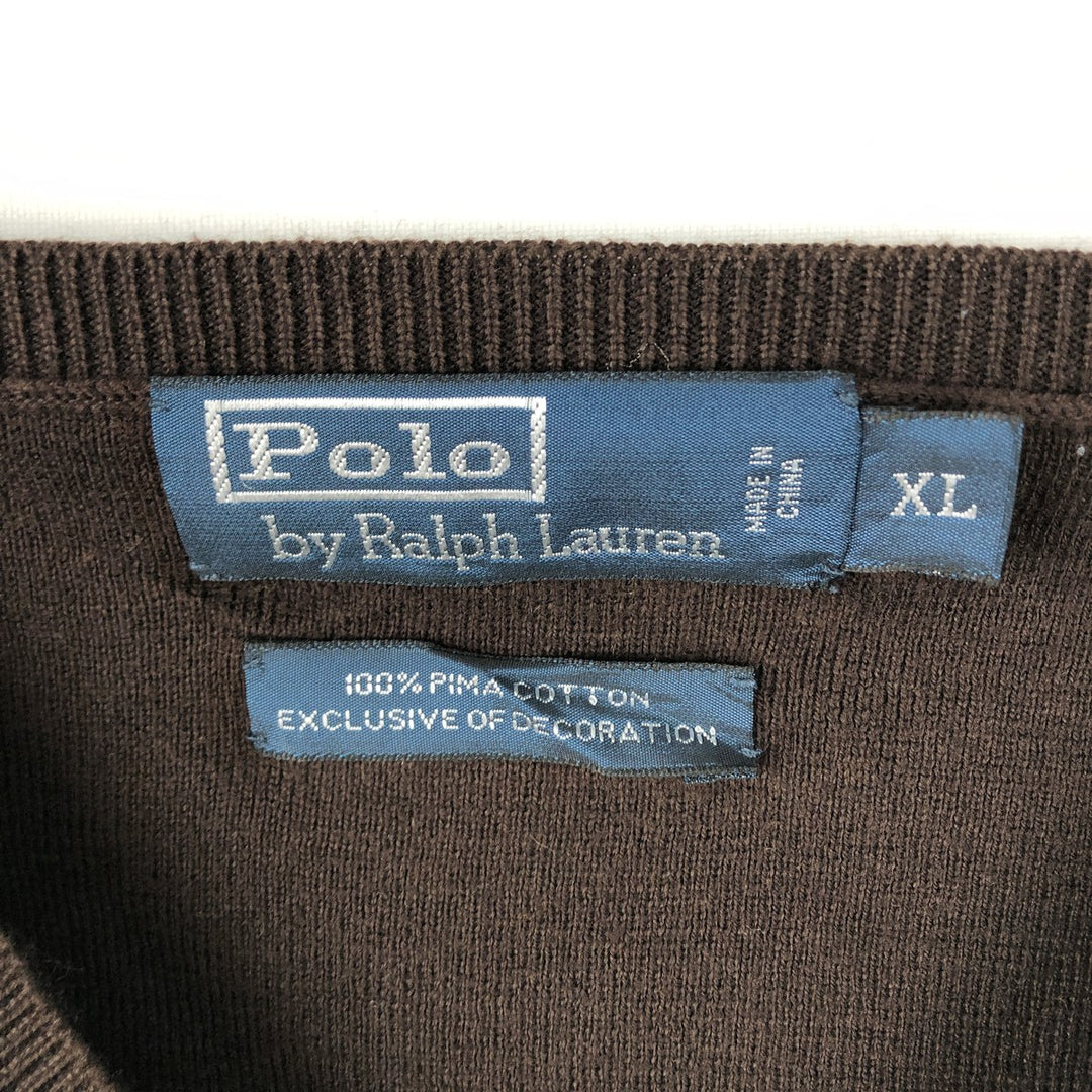 Ralph Lauren POLO by Ralph Lauren V-neck Pima cotton knit sweater, men's size XL Pima Cotton brown type Vintage Second Hand