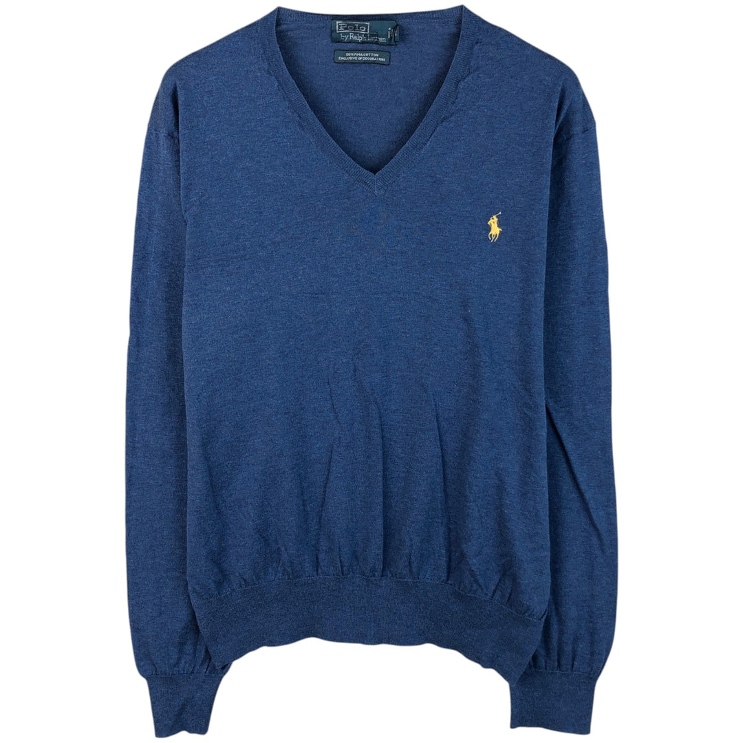 Ralph Lauren POLO by Ralph Lauren V-neck Pima cotton knit sweater, men's size L Pima Cotton blue type Vintage Second Hand