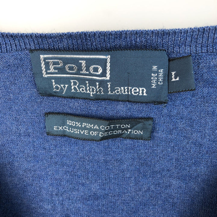 Ralph Lauren POLO by Ralph Lauren V-neck Pima cotton knit sweater, men's size L Pima Cotton blue type Vintage Second Hand