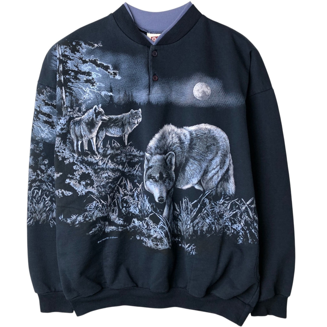 90'S ART UNLIMITED Wolf Pattern Henley Neck Animal Sweatshirt, Made in USA, Men's XXL unclear navy blue type Vintage Second Hand