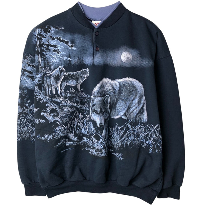 90'S ART UNLIMITED Wolf Pattern Henley Neck Animal Sweatshirt, Made in USA, Men's XXL unclear navy blue type Vintage Second Hand