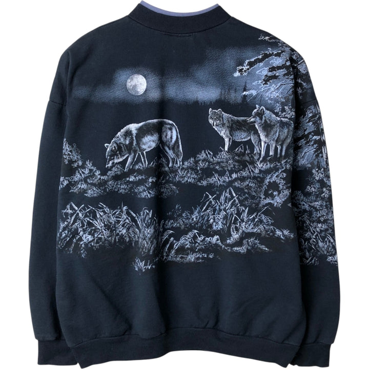 90'S ART UNLIMITED Wolf Pattern Henley Neck Animal Sweatshirt, Made in USA, Men's XXL unclear navy blue type Vintage Second Hand