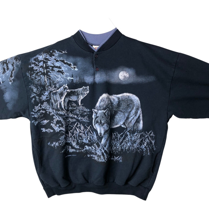 90'S ART UNLIMITED Wolf Pattern Henley Neck Animal Sweatshirt, Made in USA, Men's XXL unclear navy blue type Vintage Second Hand